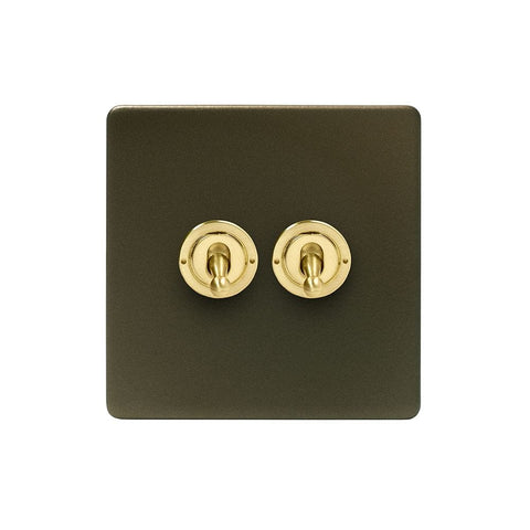 Screwless Fusion Bronze & Brushed Brass 20A 2 Gang Intermediate Toggle Light Switch Black Trim - SE Home