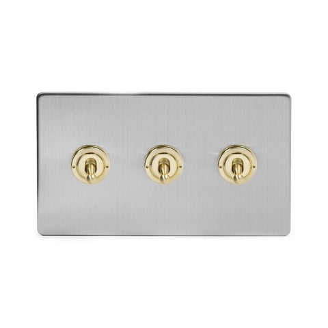 Screwless Fusion Brushed Chrome & Brushed Brass 20A 3 Gang Intermediate Toggle Light Switch White Trim - SE Home