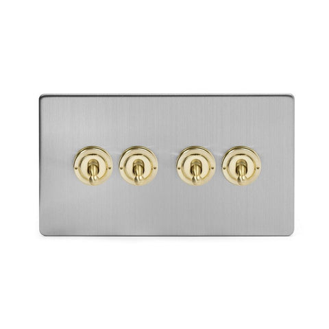 Screwless Fusion Brushed Chrome & Brushed Brass 20A 4 Gang Intermediate Toggle Light Switch White Trim - SE Home