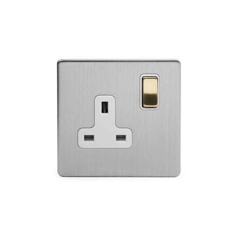 Screwless Fusion Brushed Chrome & Brushed Brass 13A 1 Gang Switched Plug Socket, Double Pole White Trim - SE Home