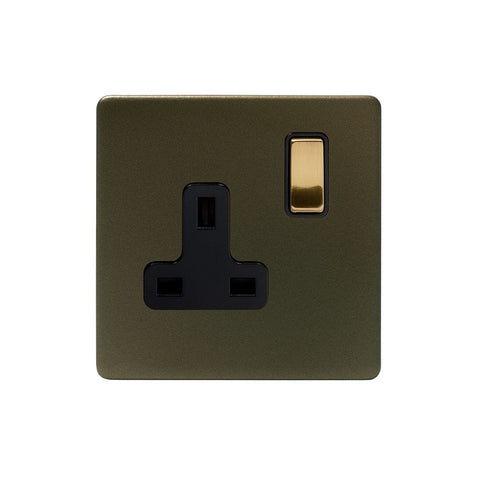 Screwless Fusion Bronze & Brushed Brass 13A 1 Gang Switched Plug Socket, Double Pole Black Trim - SE Home