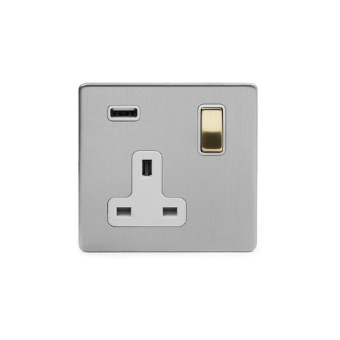 Screwless Brushed Chrome and Brushed Brass - White Trim Screwless Fusion Brushed Chrome & Brushed Brass 13A 1 Gang Double Pole USB Plug Socket (USB 2.1amp) White Trim