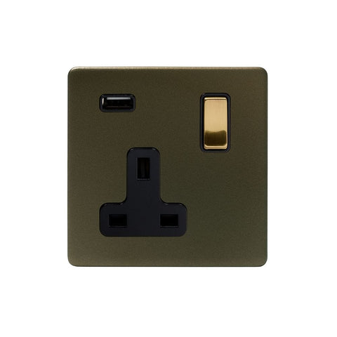 Screwless Fusion Bronze & Brushed Brass 13A 1 Gang Double Pole USB Plug Socket (USB 2.1amp) Black Trim - SE Home