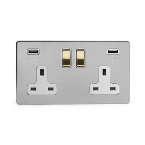 Screwless Brushed Chrome and Brushed Brass - White Trim Screwless Fusion Brushed Chrome & Brushed Brass 13A 2 Gang Double Pole USB Plug Socket (USB 4.8amp) White Trim