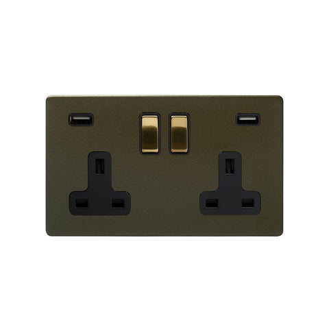 Screwless Fusion Bronze & Brushed Brass 13A 2 Gang Double Pole USB Plug Socket (USB 4.8amp) Black Trim - SE Home