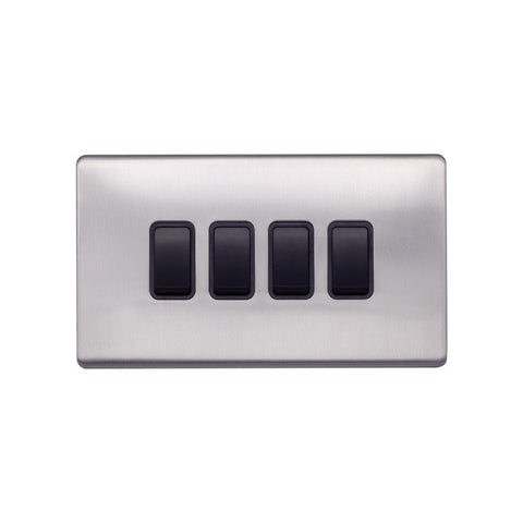 Screwless Brushed Chrome - Black Trim - Raised Plate Screwless Raised - Brushed Chrome 10A 4 Gang 2 Way Light Switch - Black Trim