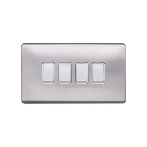 Screwless Brushed Chrome - White Trim - Raised Plate Screwless Raised - Brushed Chrome 10A 4 Gang 2 Way Light Switch - White Trim