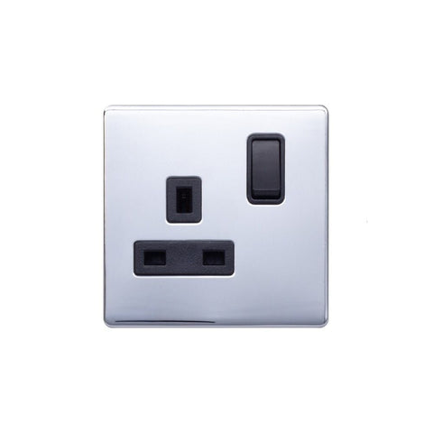 Screwless Polished Chrome - Black Trim - Raised Plate Screwless Raised - Polished Chrome 13A 1 Gang Switched Plug Socket, Double Pole - Black Trim