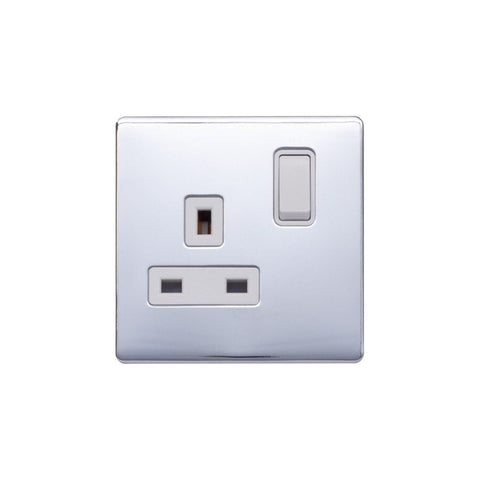 Screwless Polished Chrome - White Trim - Raised Plate Screwless Raised - Polished Chrome 13A 1 Gang Switched Plug Socket, Double Pole - White Trim