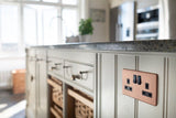 Screwless Raised - Brushed Copper 13A 2 Gang Switched Plug Socket, Double Pole - Black Trim - SE Home
