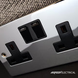 Polished Chrome 2 Gang 13A DP Ingot Type A & C USB Twin Double Switched Plug Socket - Black Trim - SE Home