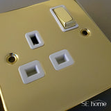 Polished Brass - White Inserts Polished Brass 2 Gang 13A DP Ingot Twin Double Switched Plug Socket - White Trim