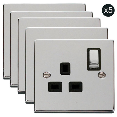 5 PACK - Polished Chrome 1 Gang 13A DP Ingot Switched Plug Socket - Black Trim - SE Home