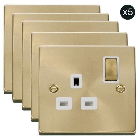 5 PACK - Satin Brass 1 Gang 13A DP Ingot Switched Plug Socket - White Trim - SE Home
