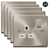5 PACK - Satin Chrome 1 Gang 13A DP Ingot Switched Plug Socket - White Trim - SE Home