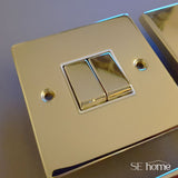 Polished Brass - White Inserts Polished Brass 2 Gang 13A DP Ingot Twin Double Switched Plug Socket - White Trim