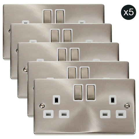 5 PACK - Satin Chrome 2 Gang 13A DP Ingot Twin Double Switched Plug Socket - White Trim - SE Home