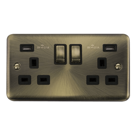 Curved Antique Brass 2 Gang 13A DP Ingot 2 USB Twin Double Switched Plug Socket - Black Trim