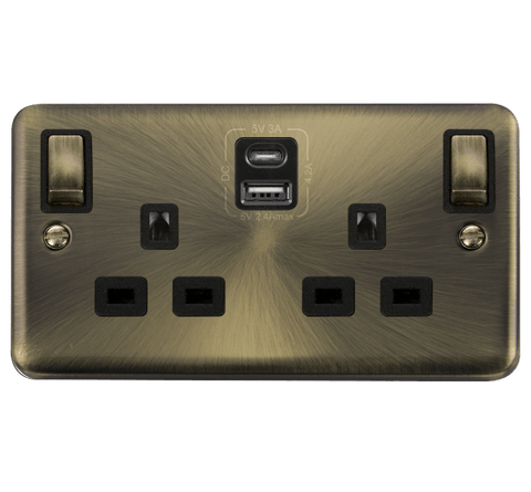 Curved Antique Brass 2 Gang 13A DP Ingot Type A & C USB Twin Double Switched Plug Socket - Black Trim