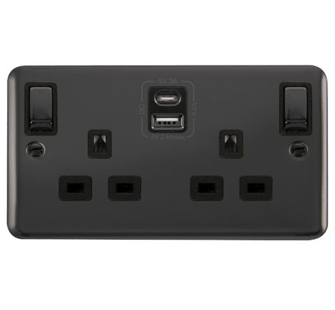 Curved Black Nickel 2 Gang 13A DP Ingot Type A & C USB Twin Double Switched Plug Socket - Black Trim