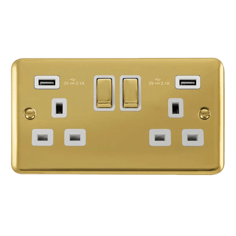 Curved Polished Brass 2 Gang 13A DP Ingot 2 USB Twin Double Switched Plug Socket - White Trim