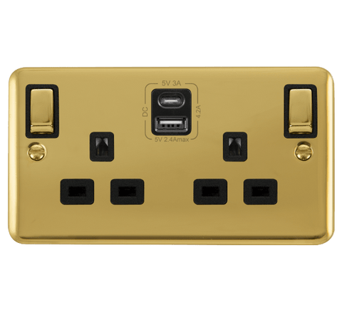 Curved Polished Brass 2 Gang 13A DP Ingot Type A & C USB Twin Double Switched Plug Socket - Black Trim