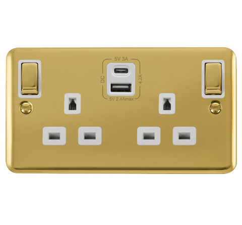 Curved Polished Brass 2 Gang 13A DP Ingot Type A & C USB Twin Double Switched Plug Socket - White Trim