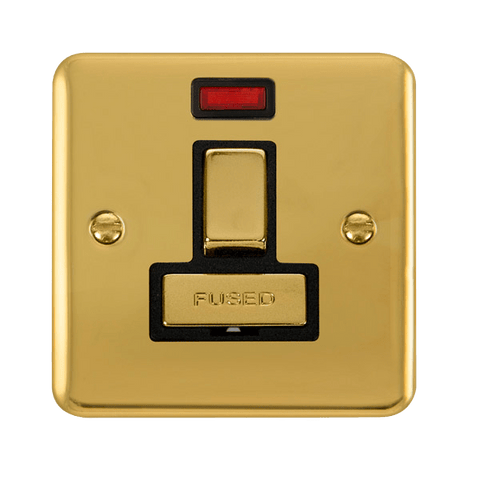 Curved Polished Brass 13A Fused Ingot Connection Unit Switched With Neon - Black Trim