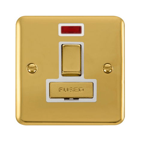 Curved Polished Brass 13A Fused Ingot Connection Unit Switched With Neon - White Trim
