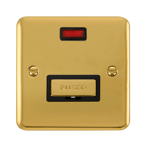 Curved Polished Brass 13A Ingot Fused Connection Unit With Neon - Black Trim