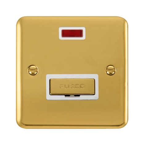 Curved Polished Brass 13A Ingot Fused Connection Unit With Neon - White Trim