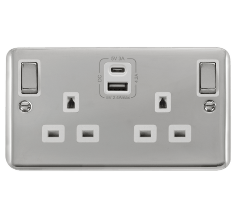 Curved Polished Chrome 2 Gang 13A DP Ingot Type A & C USB Twin Double Switched Plug Socket - White Trim