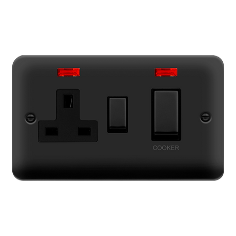 Curved Matt Black 45A Ingot 2 Gang DP Switch With 13A DP Switched Plug Socket & Neons - Black Trim