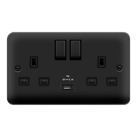 Curved Matt Black 13A Ingot 2 Gang Switched Plug Sockets With 2.1A USB Outlet (Twin Earth) - Black Trim