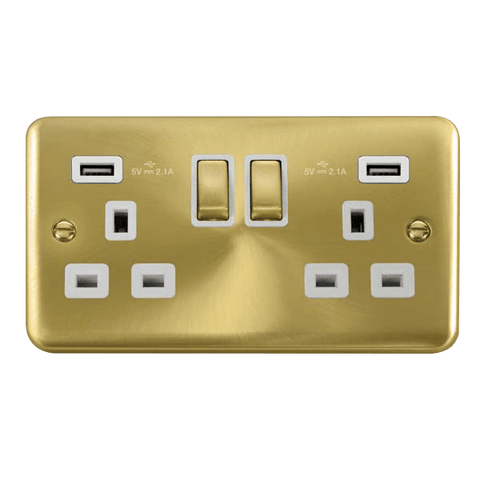 Curved Satin Brass 2 Gang 13A DP Ingot 2 USB Twin Double Switched Plug Socket - White Trim