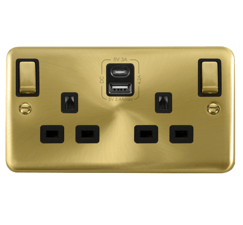 Curved Satin Brass 2 Gang 13A DP Ingot Type A & C USB Twin Double Switched Plug Socket - Black Trim