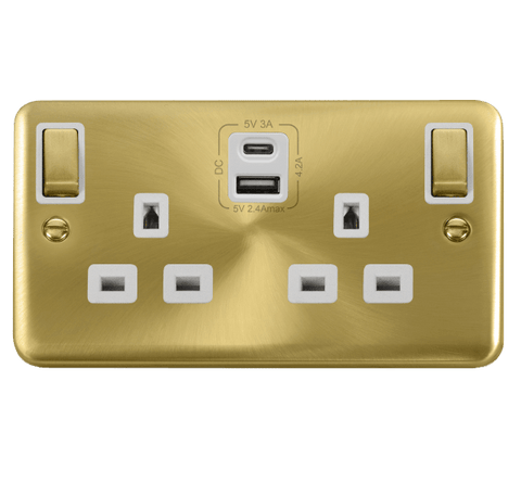 Curved Satin Brass 2 Gang 13A DP Ingot Type A & C USB Twin Double Switched Plug Socket - White Trim