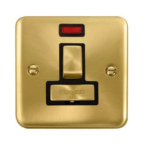 Curved Satin Brass 13A Fused Ingot Connection Unit Switched With Neon - Black Trim