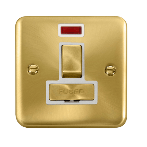Curved Satin Brass 13A Fused Ingot Connection Unit Switched With Neon - White Trim