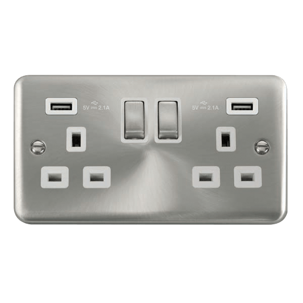 Curved Satin Chrome 2 Gang 13A DP Ingot 2 USB Twin Double Switched Plu ...