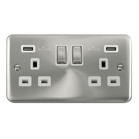 Curved Satin Chrome 2 Gang 13A DP Ingot 2 USB Twin Double Switched Plug Socket - White Trim