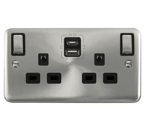Curved Satin Chrome 2 Gang 13A DP Ingot Type A & C USB Twin Double Switched Plug Socket - Black Trim