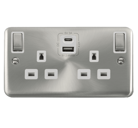 Curved Satin Chrome 2 Gang 13A DP Ingot Type A & C USB Twin Double Switched Plug Socket - White Trim