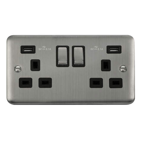 Curved Stainless Steel 2 Gang 13A DP Ingot 2 USB Twin Double Switched Plug Socket - Black Trim