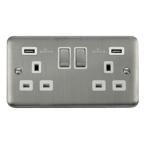 Curved Stainless Steel 2 Gang 13A DP Ingot 2 USB Twin Double Switched Plug Socket - White Trim
