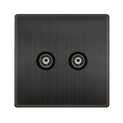 Screwless Plate Matt Bronze Twin Isolated Coaxial Outlet - Black Trim - SE Home