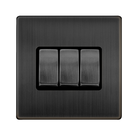 Screwless Plate Matt Bronze Screwless Plate Matt Bronze 10A 3 Gang 2 Way Light Switch - Black Trim - SE Home