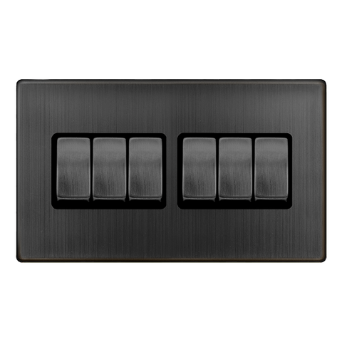 Screwless Plate Matt Bronze Screwless Plate Matt Bronze 10A 6 Gang 2 Way Light Switch - Black Trim - SE Home
