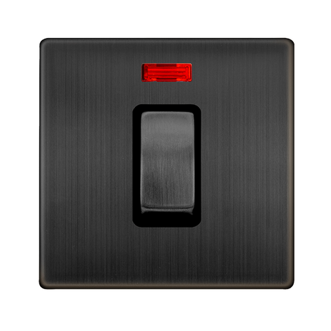Screwless Plate Matt Bronze 50A Ingot 1 Gang Double Pole Switch With Neon - Black Trim - SE Home