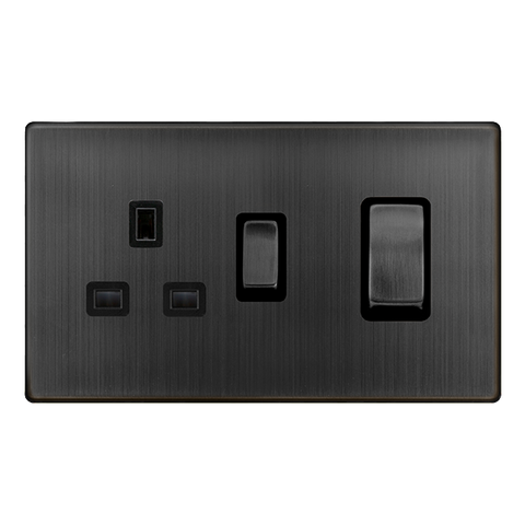 Screwless Plate Matt Bronze 50A Ingot Double Pole Switch With 13A Double Pole Switched Plug Socket - Black Trim - SE Home